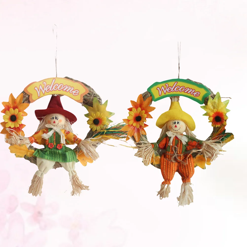 

2pcs Farmhouse Welcome Signs Hanging Scarecrow Ornament Wreath for Front Door Thanksgiving Decor