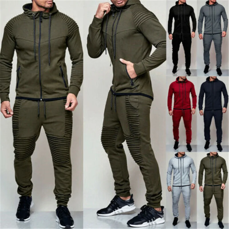 

Men 2 Pieces Sets Tracksuit New Brand Autumn Winter Hooded Sweatshirt +Dstring Pants Male Stripe Patchwork Hoodies Big swty