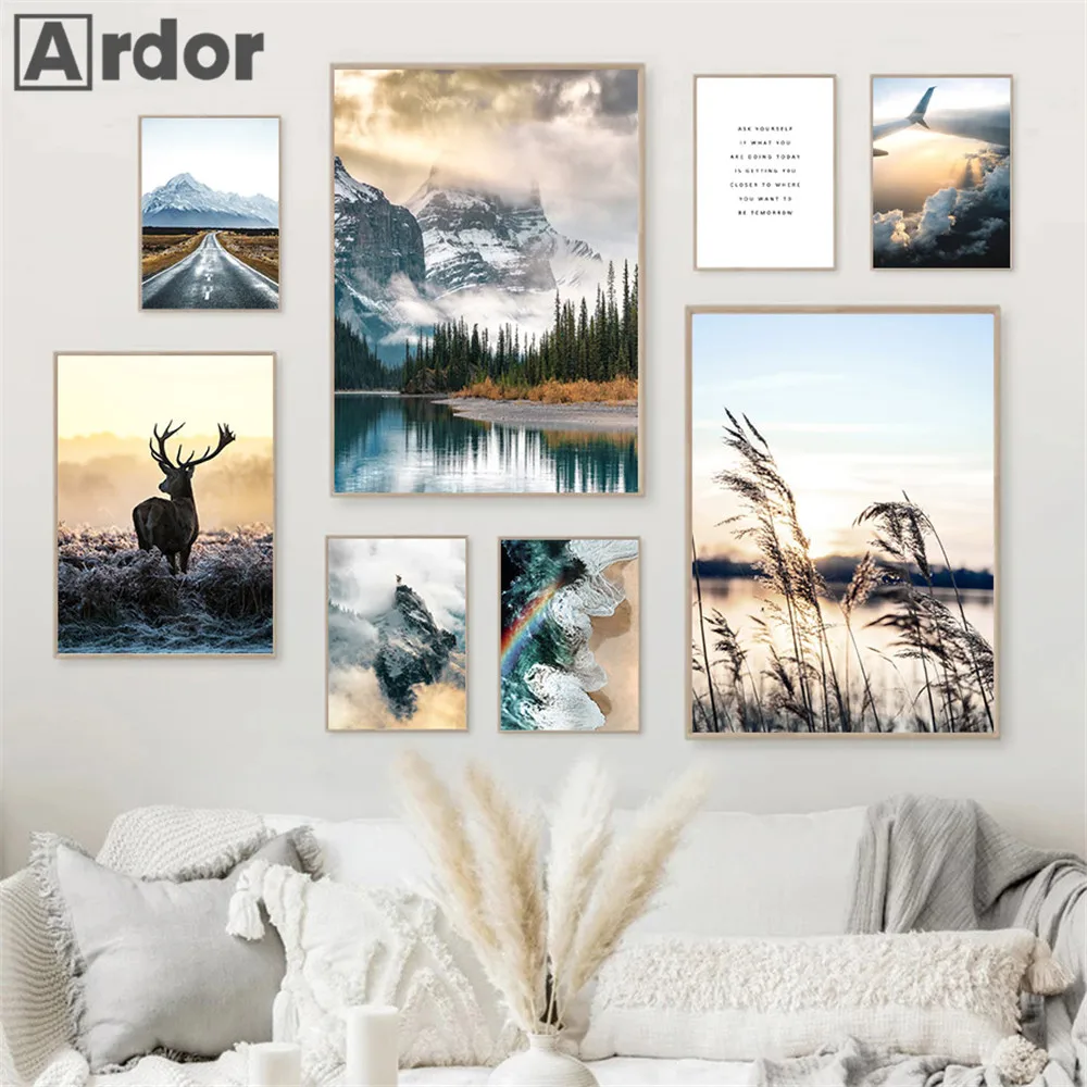 

Forest Lake Landscape Canvas Print Reed Wall Art Painting Snow Mountain Poster Elk Prints Nordic Wall Pictures Living Room Decor