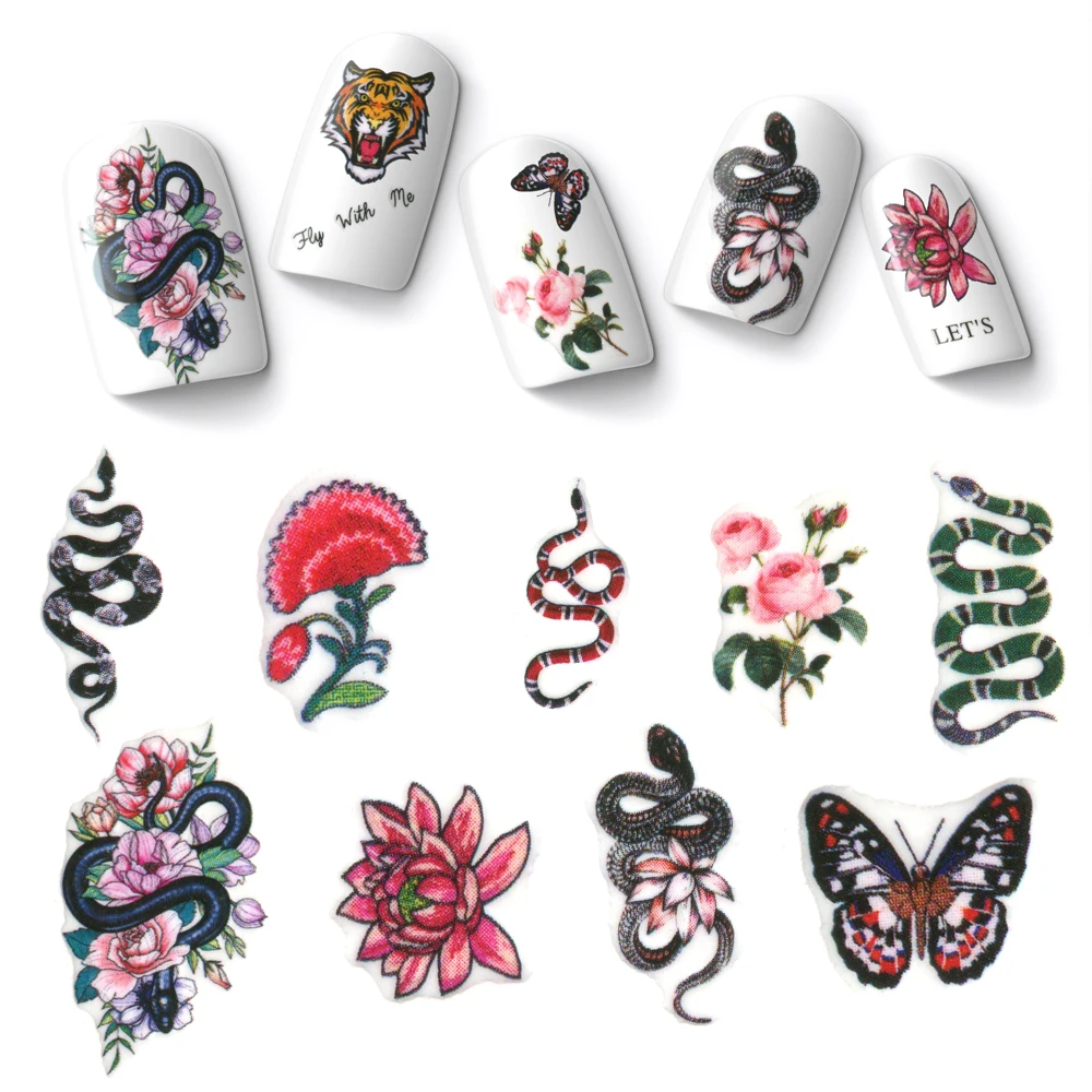 

Стикеры для дизайна ногтей с цветами и змеей, роскошные дизайнерские декоративные наклейки для ногтей, 3D тигр, пчела, лак для ногтей, наклейка, Бабочка, слайдер