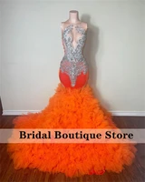 sexy ruffles mermaid prom dress for black girls 2022 sheer neck luxury beading rhinestone aso ebi party gowns custom