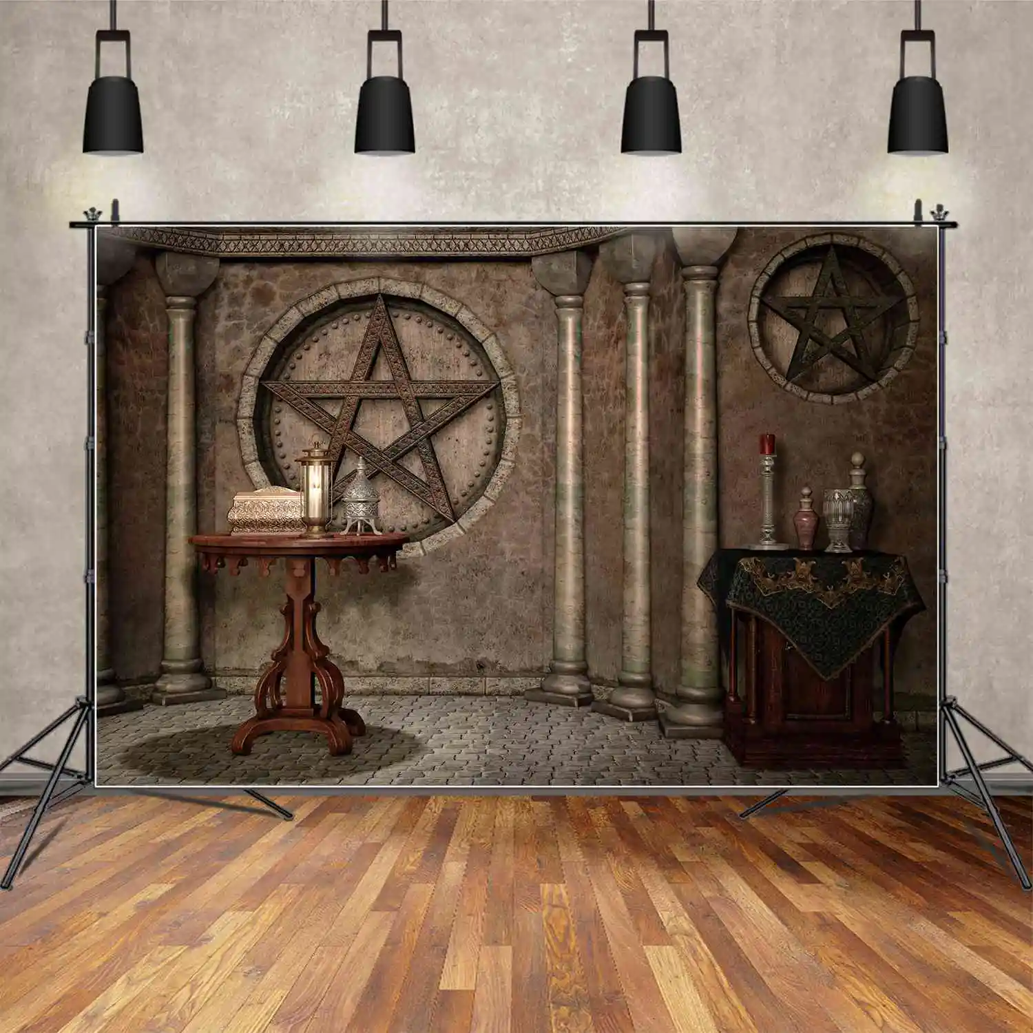 

MOON.QG Backdrop Halloween Vintage Room Star Wall Photo Booth Background Kids Party Props Lamp Table Bottle Candle Decorations