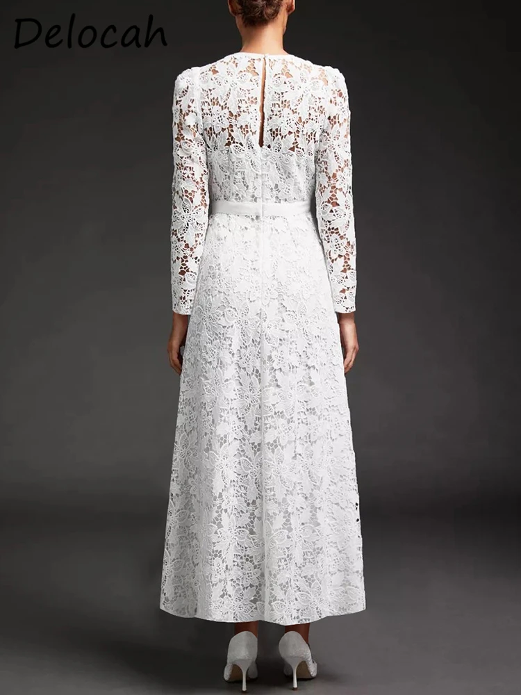 Женское платье макси Delocah белое кружевное с длинным рукавом и бантом высокой