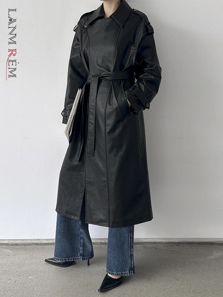 

[LANMREM] High End Leather Trench For Women Black Lace-up Gathered Waist Elegant Windbreak Female Streetwear Outwear 2023 New 26