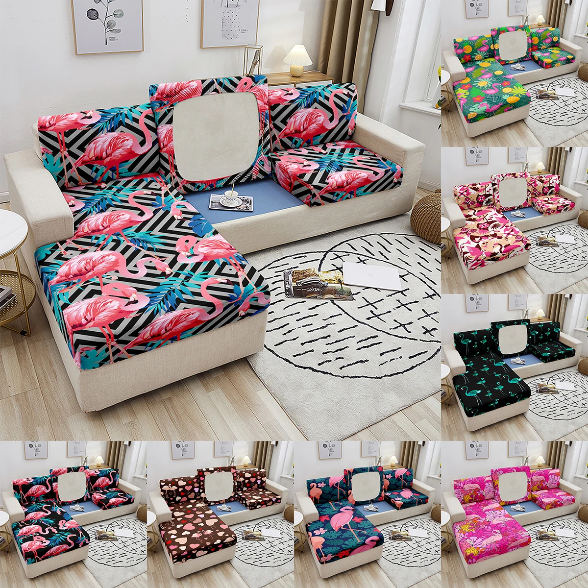 

Pink Flamingo Print Sofa Seat Cushion Cover Elastic Sofa Cushion Cover 1/2/3/4 Seat Spandex Sofa Seat Protector for Living Room