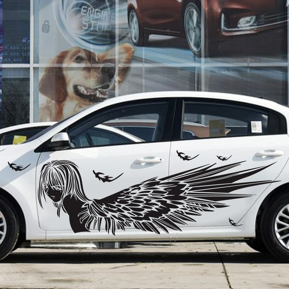 

2PCS Cartoon Stylish Girl Angel Wings Car Stickers Side Door Scratch Car Decals Accessories Lovely Car Modified Body Sticker
