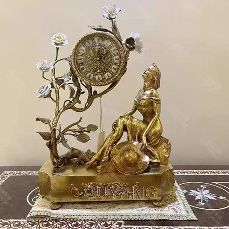 QUYANG Роскошный домашний декор антикварные настольные часы украшения камин латунь