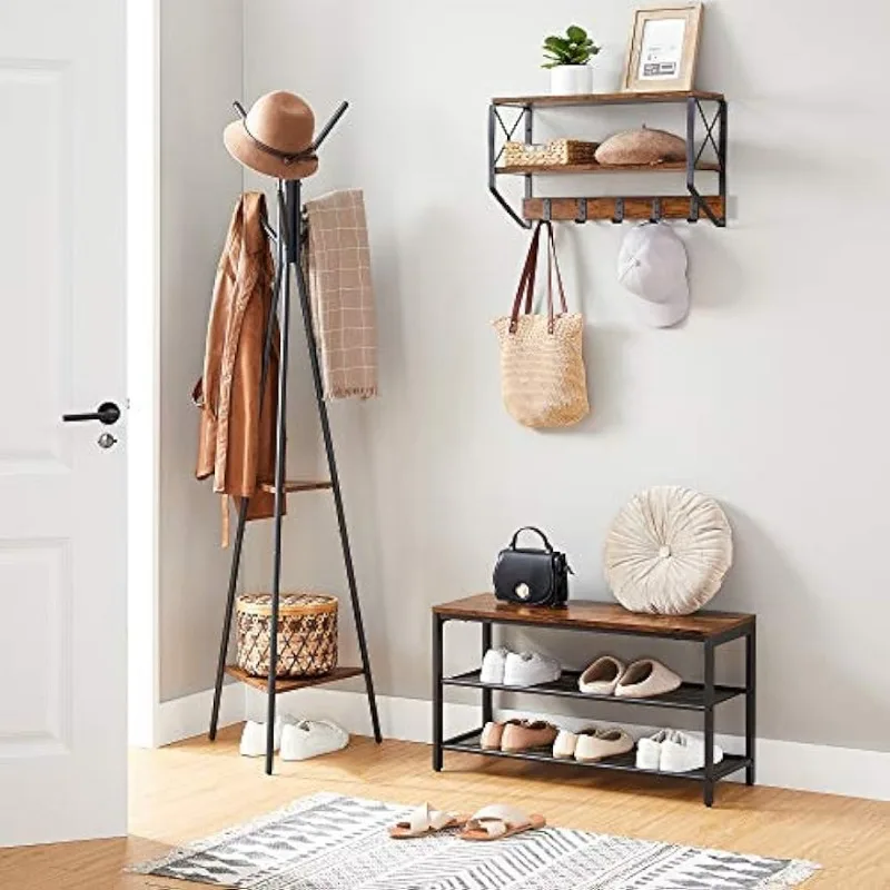 

VASAGLE Coat Rack Freestanding, Coat Hanger Stand, Hall Tree with 2 Shelves, for Clothes, Hat, Bag, Industrial Style