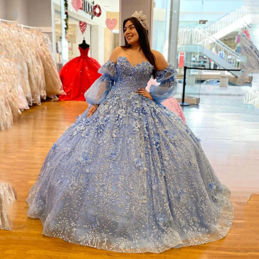 

Light Blue Shining Pink Ball Gown Quinceanera Dresses Beaded Off Shoulder Tulle Sequined Sweet 15 16 Dress XV Party Wear