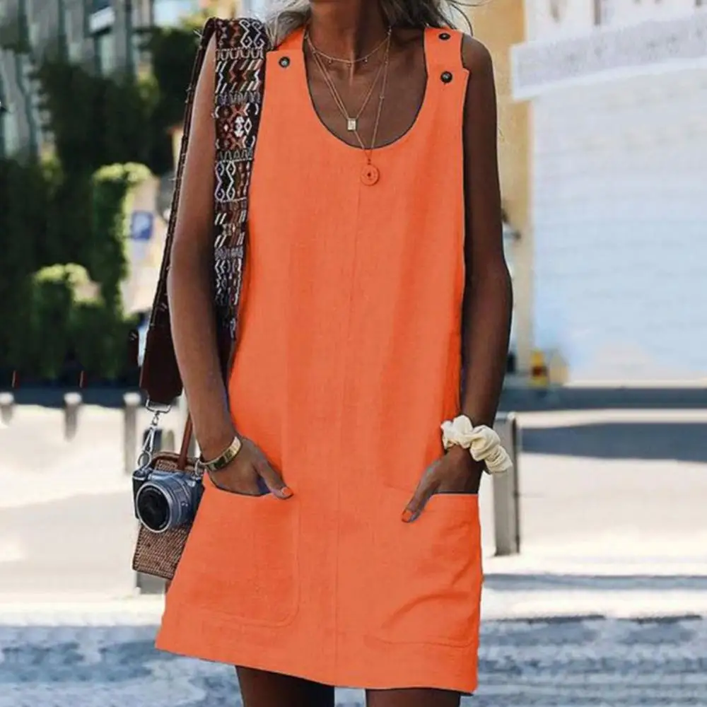 

Summer Dresses Beach Casual Women Solid Color Pocket Mini Dress Sleeveless Button Sundress women vestido de mujer 2022