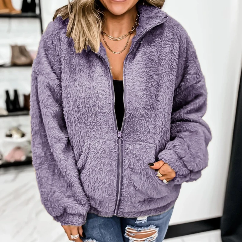 

Women Jacket Autumn Winter Warm New Woolen Fleece Faux Fur Plush Warm Coat Simple Solid Color All-Match Lady Coats