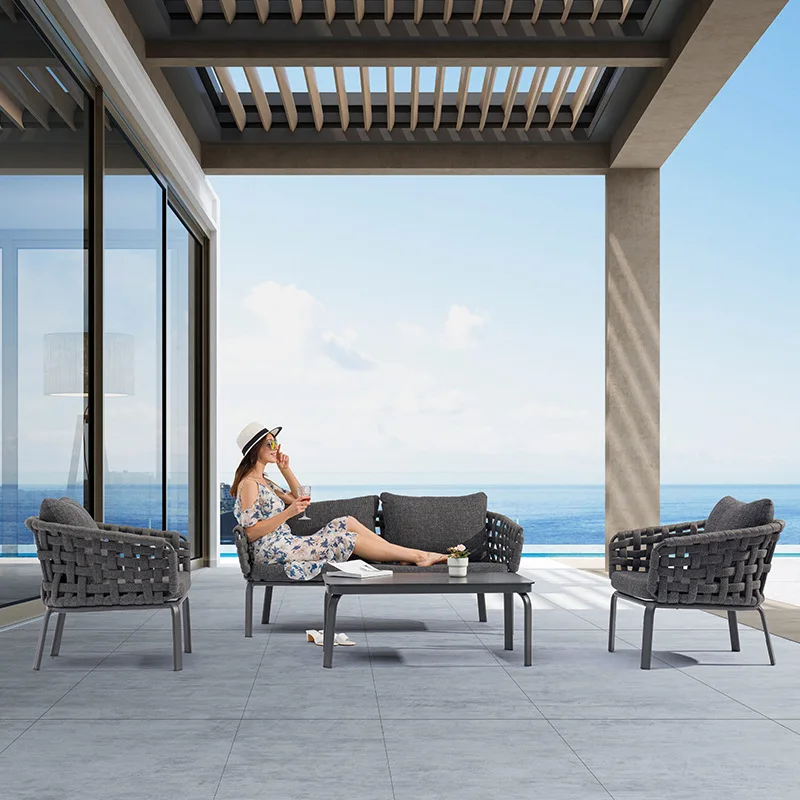 

Nordic style outdoor balcony rattan sofa outdoor furniture courtyard terrace webbing chair coffee table combination leisure sofa