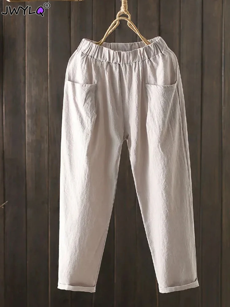 

Шаровары женские с завышенной талией, льняные Мешковатые повседневные брюки-карандаш до щиколотки, большие размеры 4xl, винтажные спортивные штаны, карамельные цвета