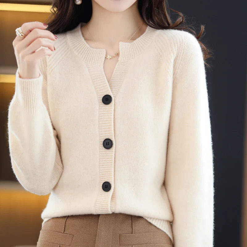 

S-XXLRound neck 100% pure wool cardigan women's spring and autumn new long-sleeved sweater with knitted jacket cashmere sweater
