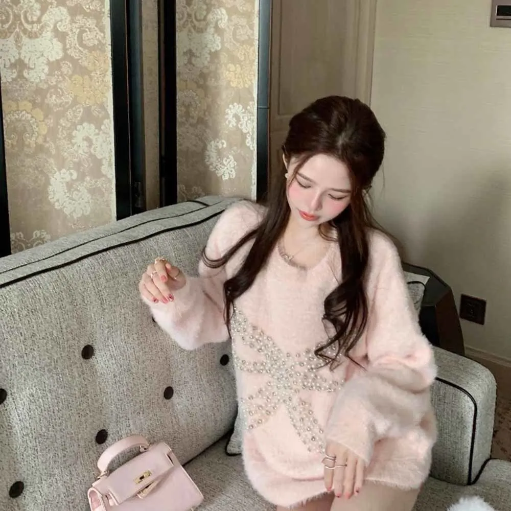 

Thick Warm Winter Sweater Women with Beading 2022 Soft Loose Long Sleeve Knitted Pullover Jumper Female Clothing Tops