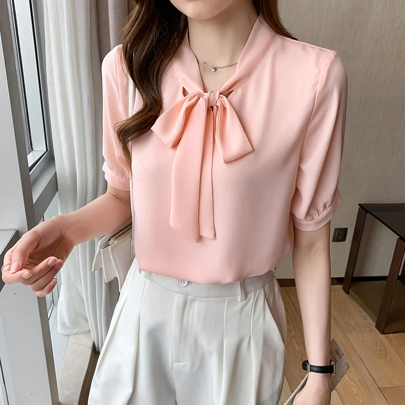 

summer new short-sleeved bow chiffon shirt 669g,412-12