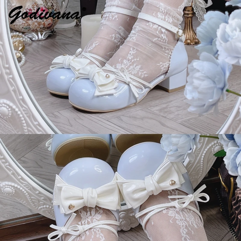 

Original Design Lolita Mid Heel Round Toe Bowknot Sweet Mary Jane Closed Toe Sandals Lady Girls Leather Heels Pumps