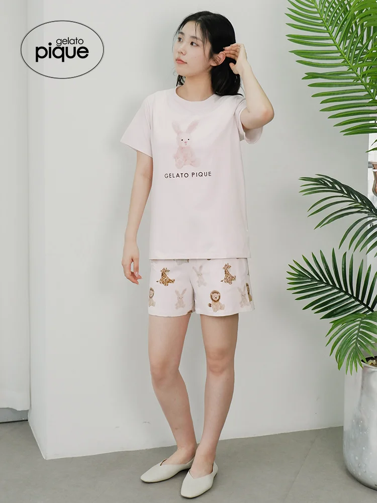 Tops Bottoms New Arrivals Room Wear Gelato Pique Summer Women's Pajamas Suit T-shirt Rabbit Lion Pattern