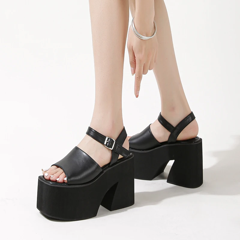 

10CM Platform Women Hollow Out Fahsion Closed Toe Roman Sandals Buckle Strap Mule Shoes Block Heel Comfy New High Heeled Sandal