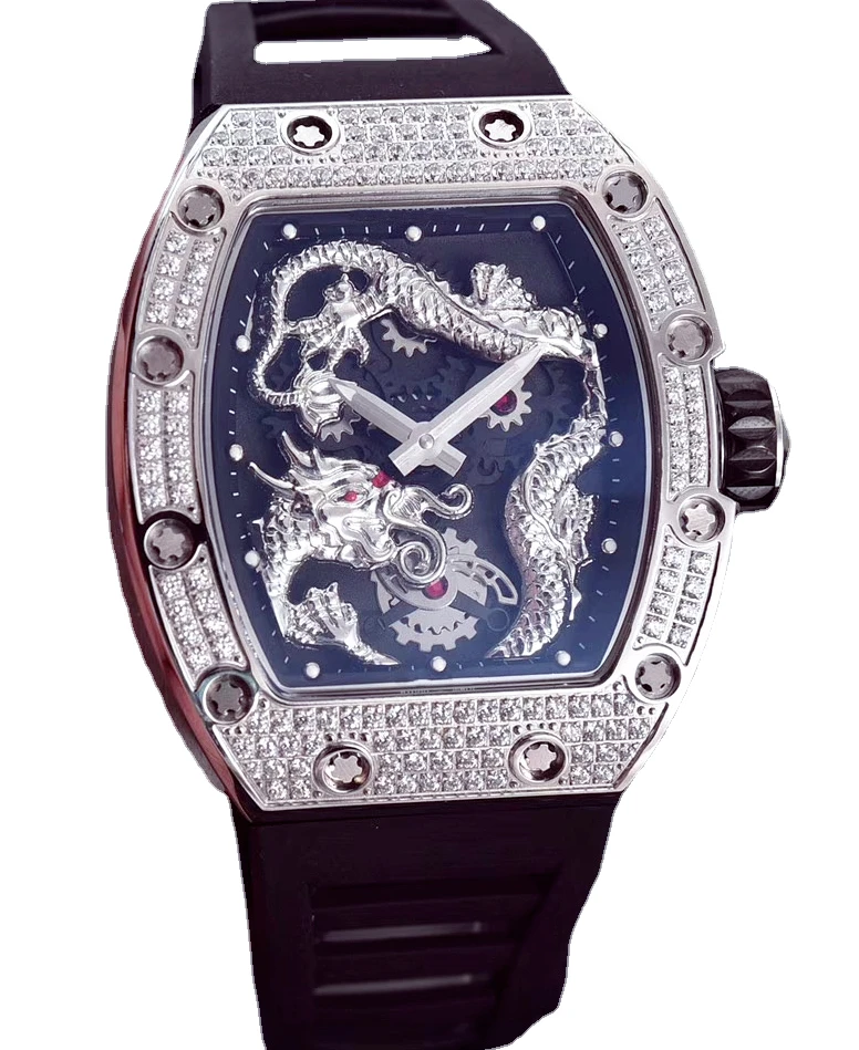 

Men Watch Automatic Mechanical Black Rubber Dragon Rose Gold Diamonds