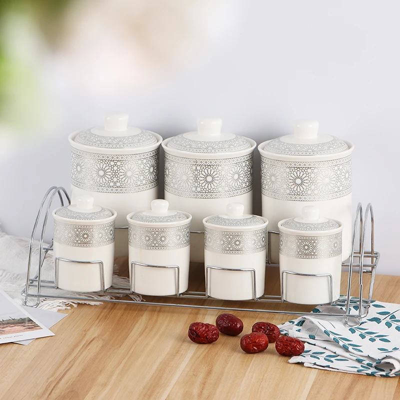 

Kitchen Ceramic Storage Silver White Column Container Large Caliber Can Smooth Easy Clean 7Pcs Set Lid Iron Big Small Organizers