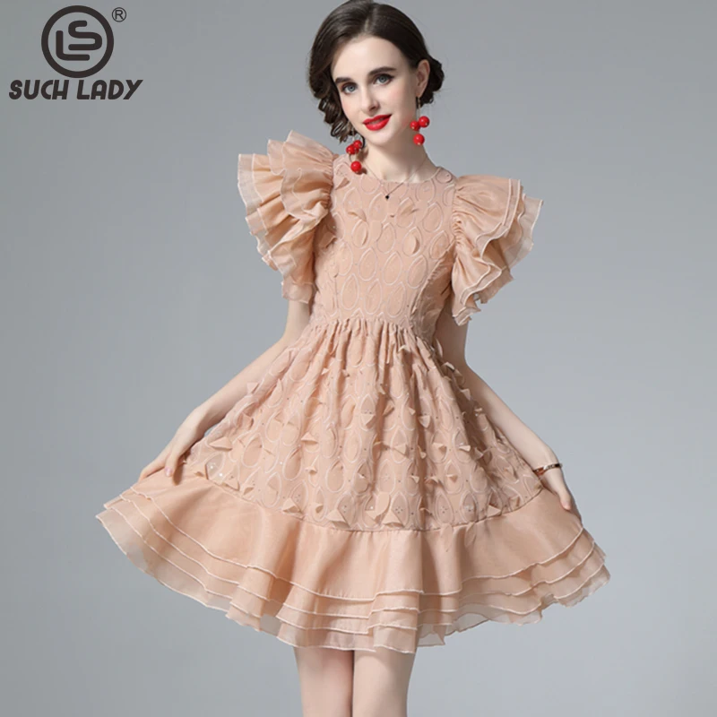 

Women's Runway Dress O Neck Flare Sleeves Tiered Ruffles Appliques Fashion Homecoming Dresses Vestidos