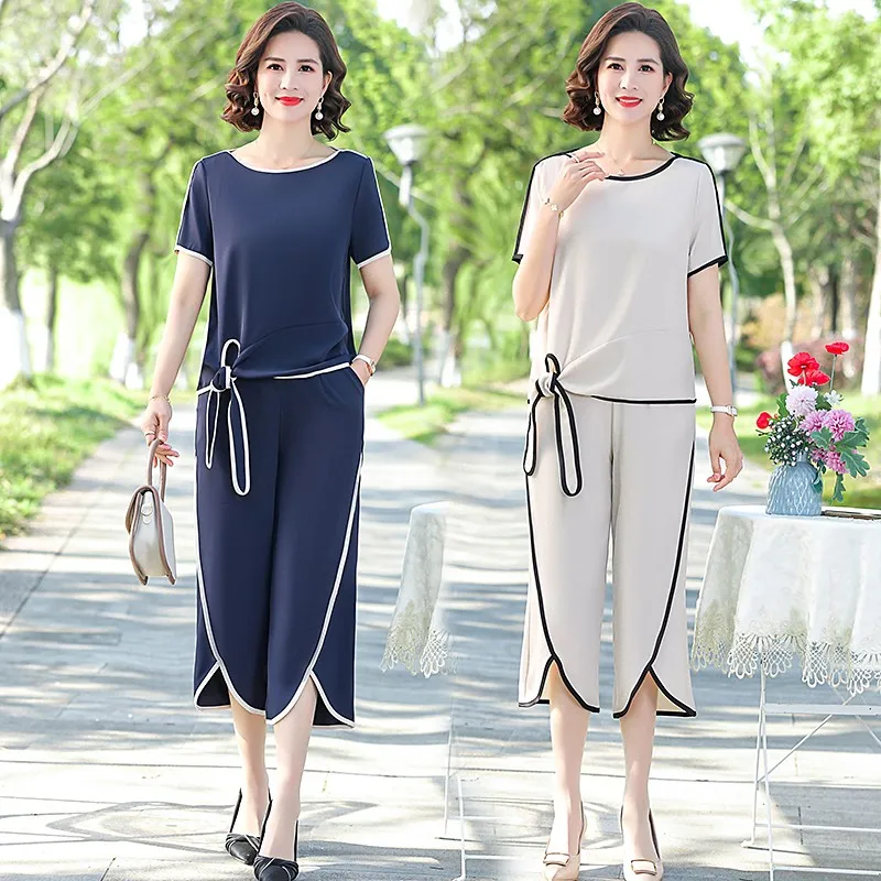 

Summer Set Short Sleeve Lace-up T-shir tops + Pants Middle-aged Women Clothes Edge solid color Two Pieces of Suits Female Set