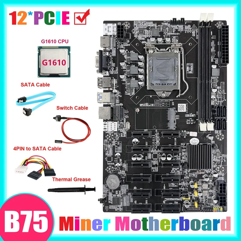 

Материнская плата B75 ETH для майнинга, 12 PCIE + G1610 CPU + 4-контактный кабель SATA + кабель переключателя + материнская плата с термопастой BTC