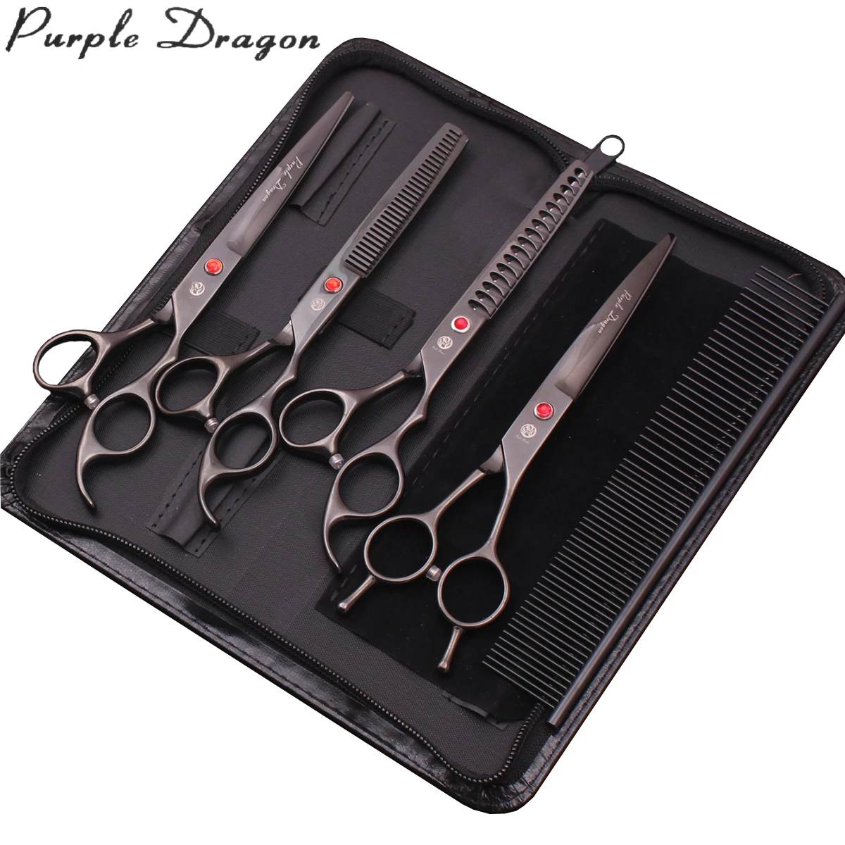 

Purple Dragon Pet Grooming Scissors Professional 7" 440C Straight Shears Dog Thinning Scissors Curved Shears Chunker Comb Z3002