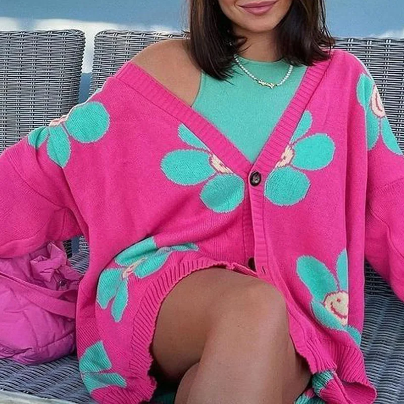 

Knitted Cardigan Sweaters Women Embroidered V Neck Flower Oversize Jacket Loose Thick Warm Sweet Casual Sweater Cardigan