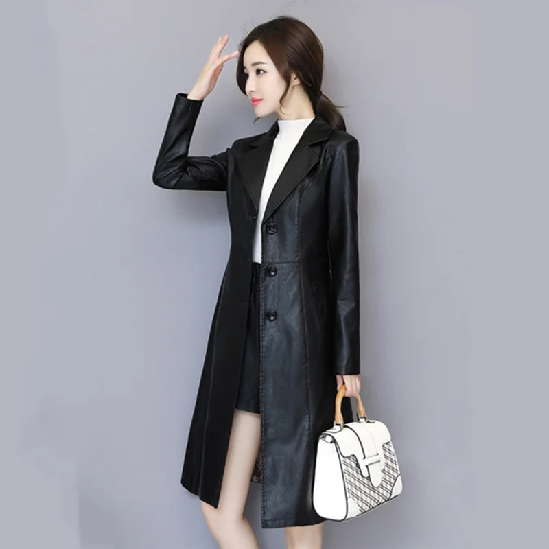 Woman Leather Jackets 2022 High-quality Spring Women's Long-sleeved Long Section Slim Temperament PU Leather Trench Coat enlarge