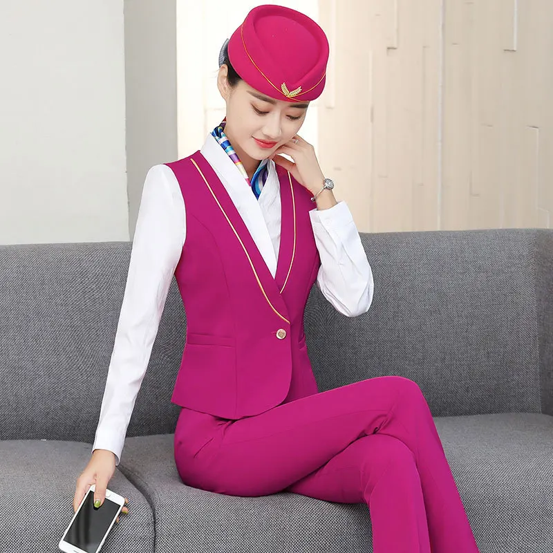 IZICFLY New Style Red Waistcoat And Pants Set For Woman Suits Office Vest Elegant Slim Business Airline Stewardess Work Wear