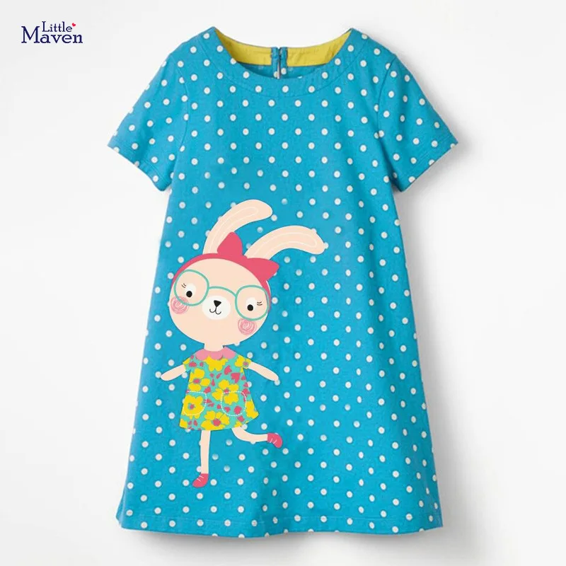 

Little maven 2023 Summer Dress Cotton Children Lovely Casual Clothes with Glasses Rabbit Blue Frocks for Kids 2-7 year