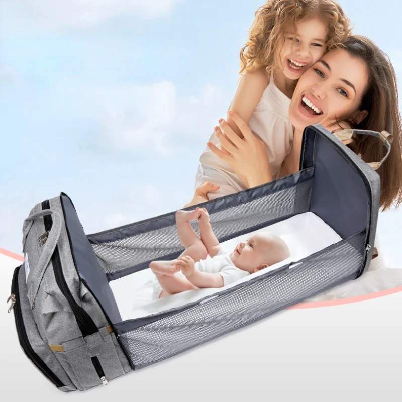 

New Fashion Mommy Bags Foldable Crib Baby Backpack Multifunctional Large-Capacity Portable Diaper Backpack Dropshipping