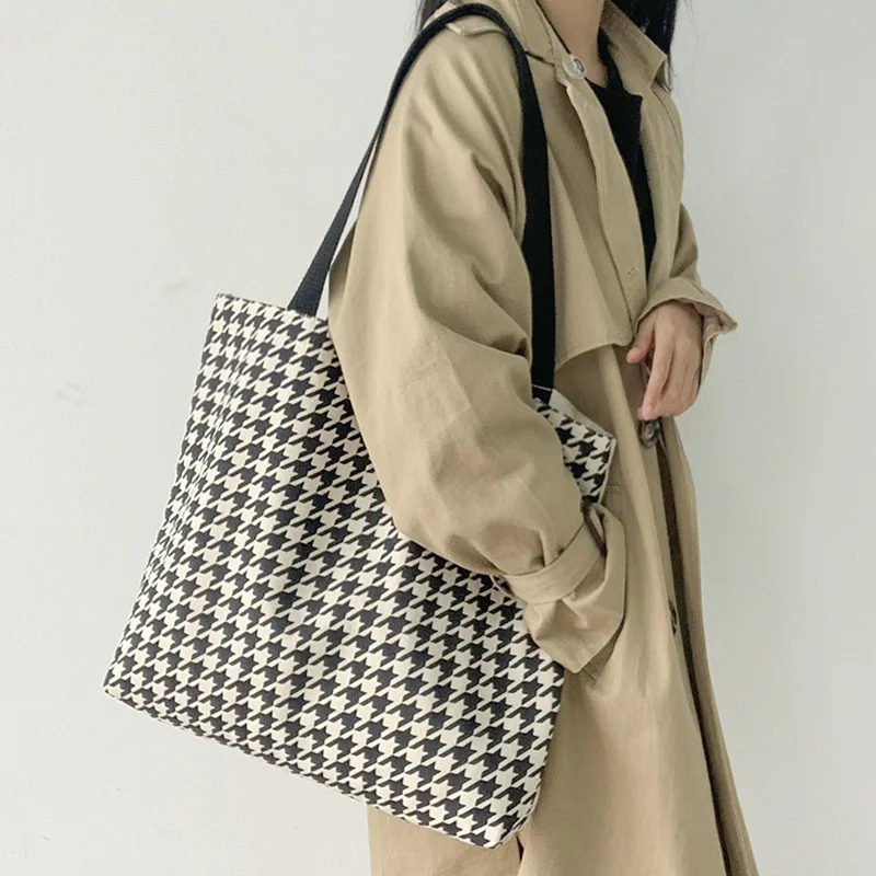 

Big Tote Bag Women Bag Vintage High-capacity Shoulder Bags Houndstooth Hasp Soft Handbag Shopping Bag Korean lady Handbag