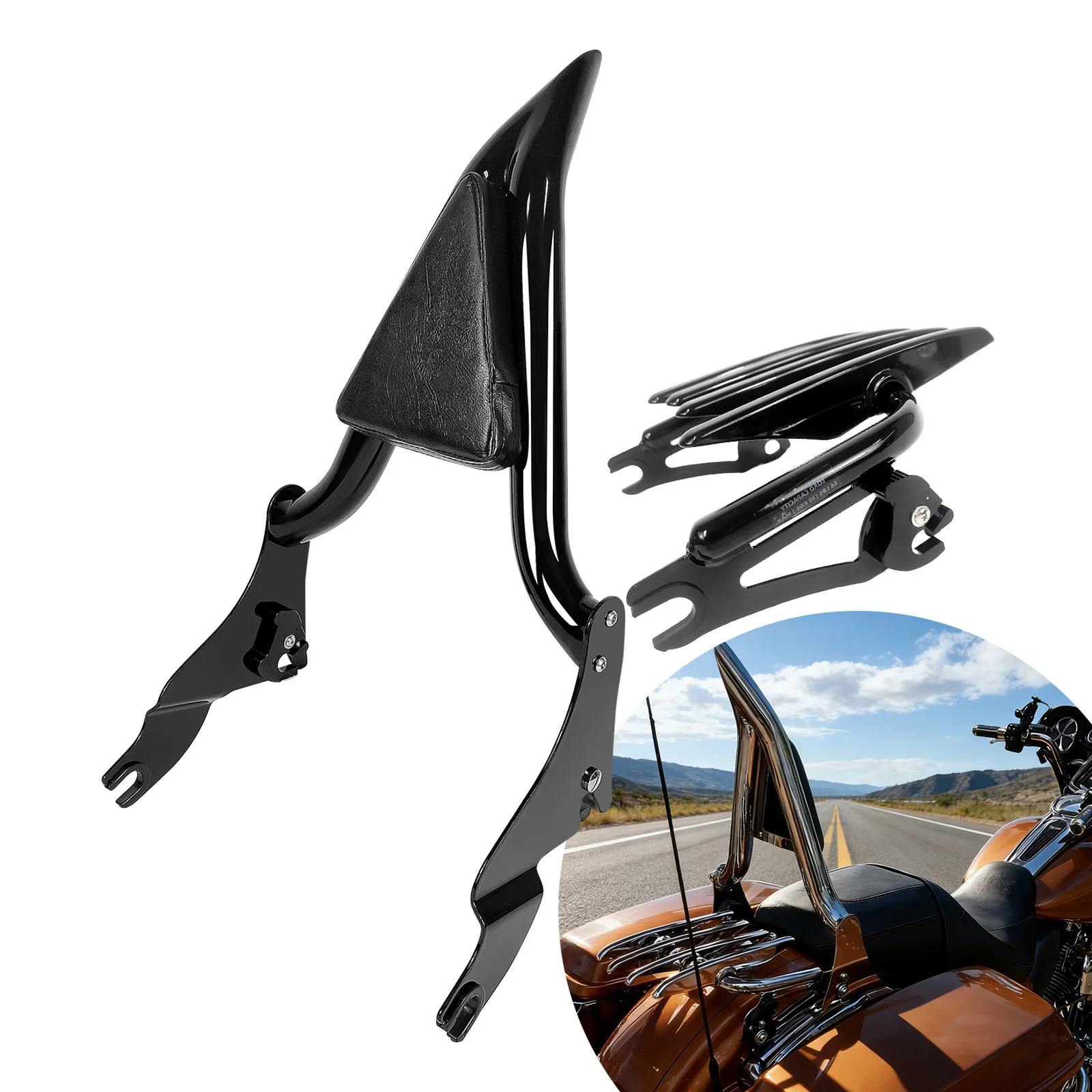 Фото Для мотоциклов Harley Touring Road King Street Glide Ultra Electra CVO 09-26: съемная задняя спинка-опора (сисси-бар) и багажник №1