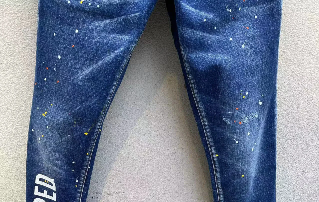 2023 Spring/Summer New D2 Jeans Men's Trendy Men's Washable Worn Hole Patch Paint Fashion Print Small Feet Blue