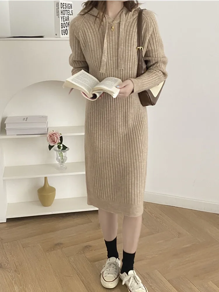 

Женское теплое платье-свитер SMTHMA, зимнее трикотажное платье средней длины с капюшоном, однотонное платье-свитер