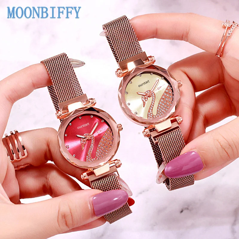 

Diamond Milanese Strap Quartz Watch Magnet Stone Rose Gold Luxury Ladies Dress Wristwatches Gift Montre Femme