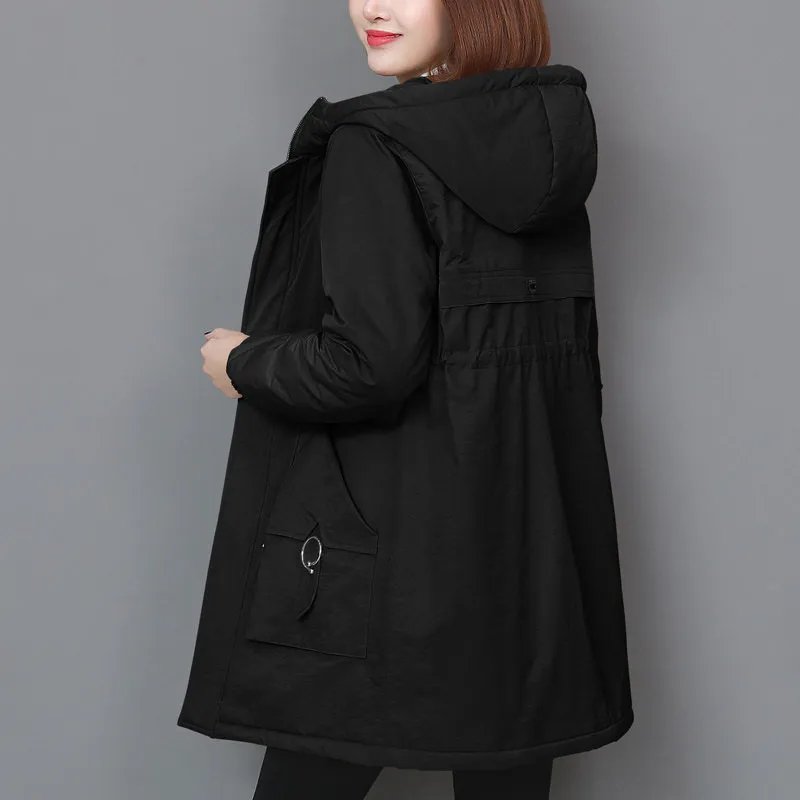 Women's Cotton Padded Clothes Medium and Long Keep Warm Winter Clothes Korean Loose Plus Cotton Thick Coat Hooded Pocket Jacket