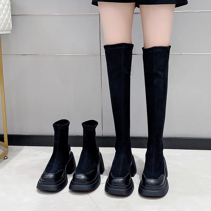 Chelsea Chunky Mid Heels Warm Women Boots Winter Casual Knee High Women Shoes Pumps Platform Motorcycle Long Cotton Botas 2022