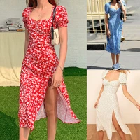 women summer vintage party dress lady france style puff sleeve floral print square collar side split midi dress vestido 2022 new