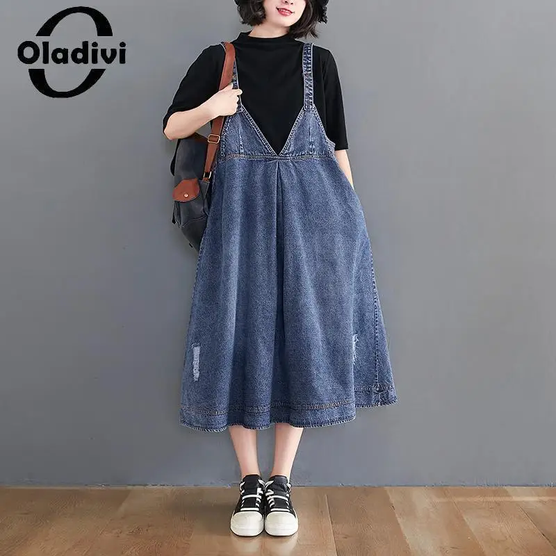 

Женское джинсовое платье Oladivi без рукавов, на бретельках, летнее повседневное свободное джинсовое платье, винтажная женская одежда большого размера, 325