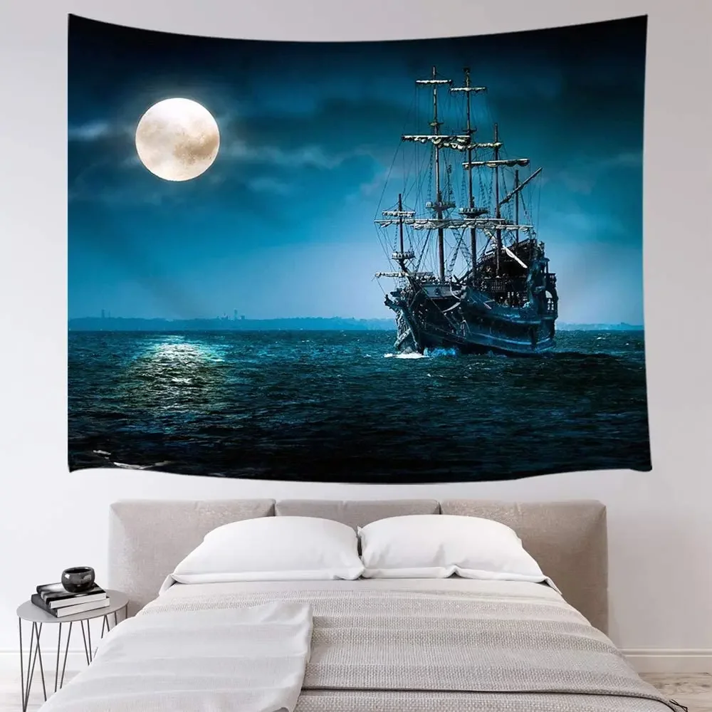 Готический Декор гобелен пиратский корабль и полная луна с морем океан настенное