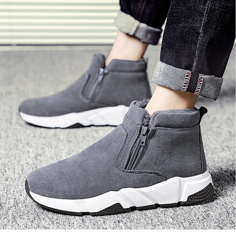 

Men Snow Boots Men Casual Shoes Deerskin Round Shape Solid Color Side Zipper Plus Velvet Thickening Non Slip Men Cotton Shoes