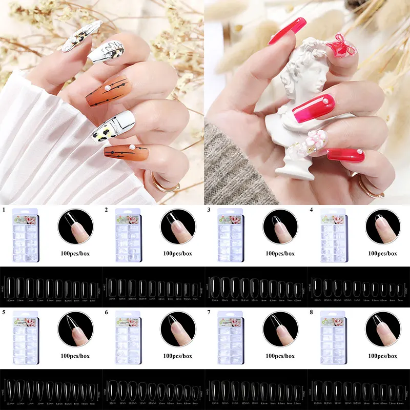 

New 100pcs/box Natural Transparent Seamless Fake Nails Full Coverage Fake Nails T-shaped Water Drop Full Sticker Fake Nails