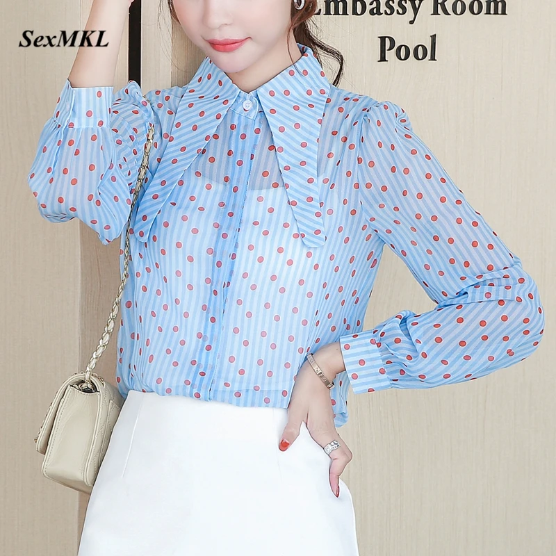 

Женские прозрачные шифоновые блузки 2023, модные офисные рубашки в горошек с длинным рукавом, элегантная Корейская одежда, пикантные облегающие Женские топы