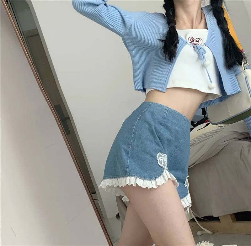 Sweet Kawaii Shorts Women Harajuku Cute Lace Ruffles Denim Short Pants Japanese E Girls Sexy Punk High Waist Shorts 2021 New