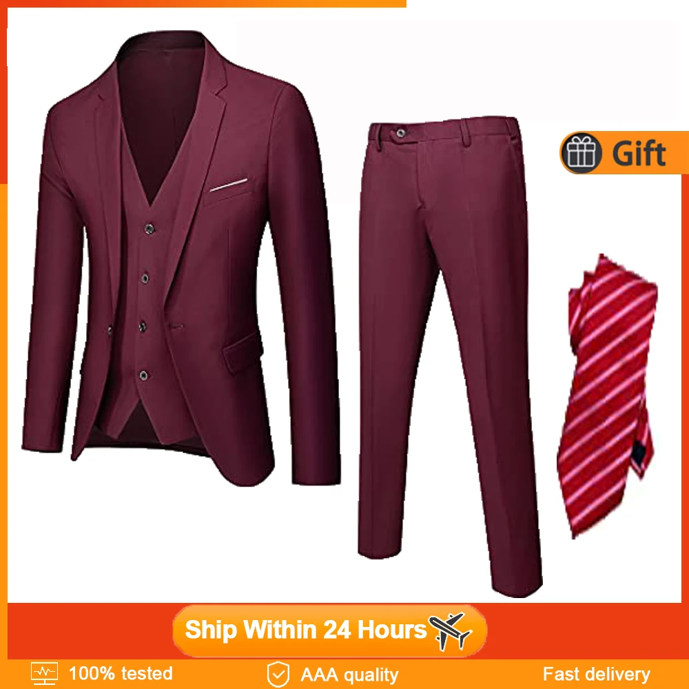 

Men's Wedding Slim Fit Suit 3 Piece Set One Button Solid Jacket Vest Pants Set With Tie Groom Business Formal Suit For Man Party