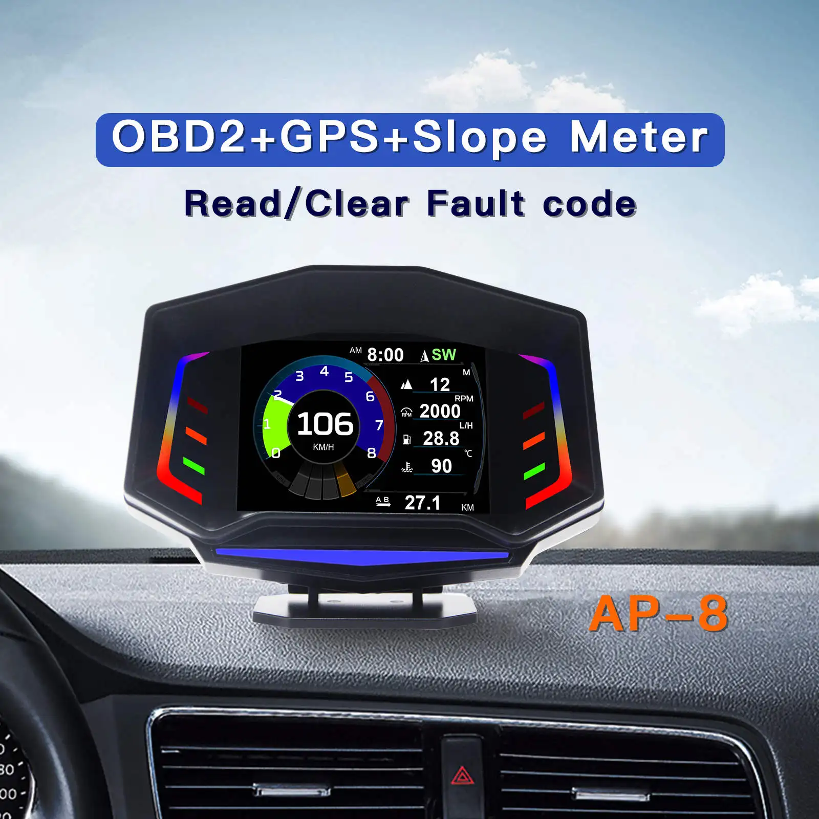 Automobile on-board HUD Head Up Display Multi-function LCD OBD2+GPS+ Slope Temperature Meter Code Table Auto Display For All Car